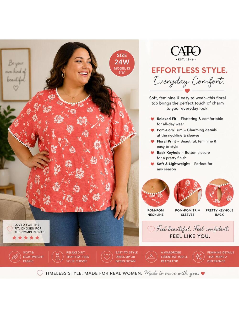 Cato Coral Floral Pom-Pom Trim Keyhole Back Top 24W